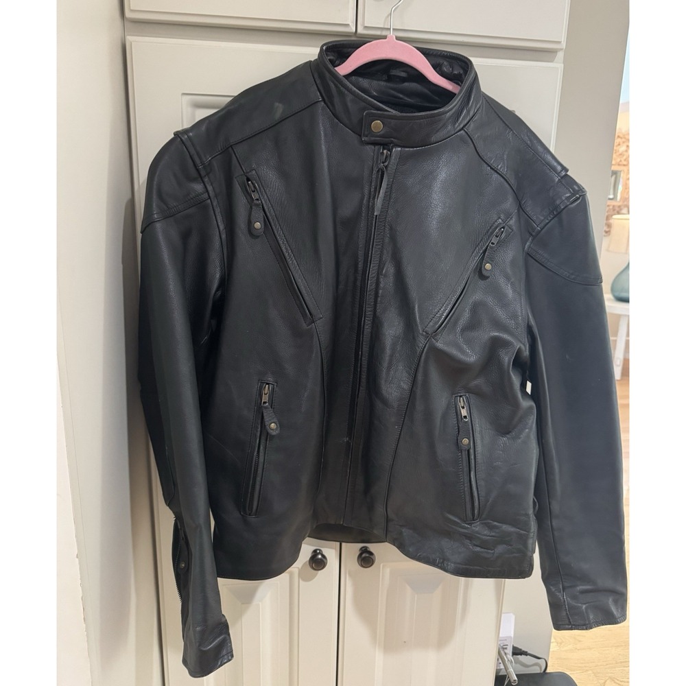 Mega Force Mens Black‎ Leather Heavy Motorcycle Coat Vented Size 48 Vintage